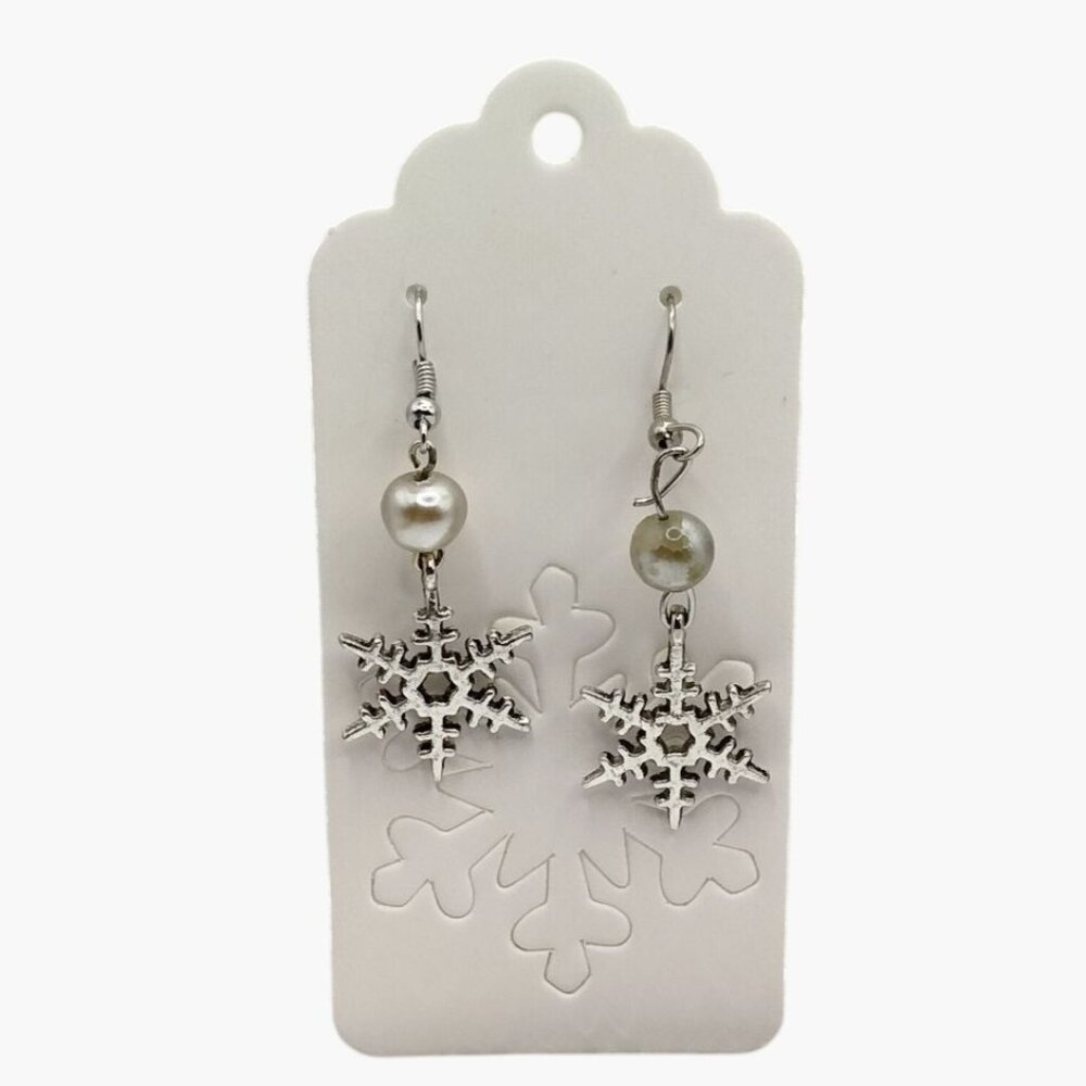 Snowflake Earrings Faux Pearl Dangle Silver Tone
